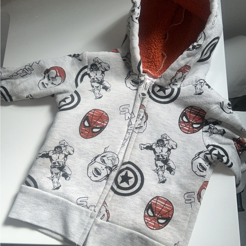 Marvel Kids Hooded Zip Sweatshirt in Grey with Orange Sherpa Lining